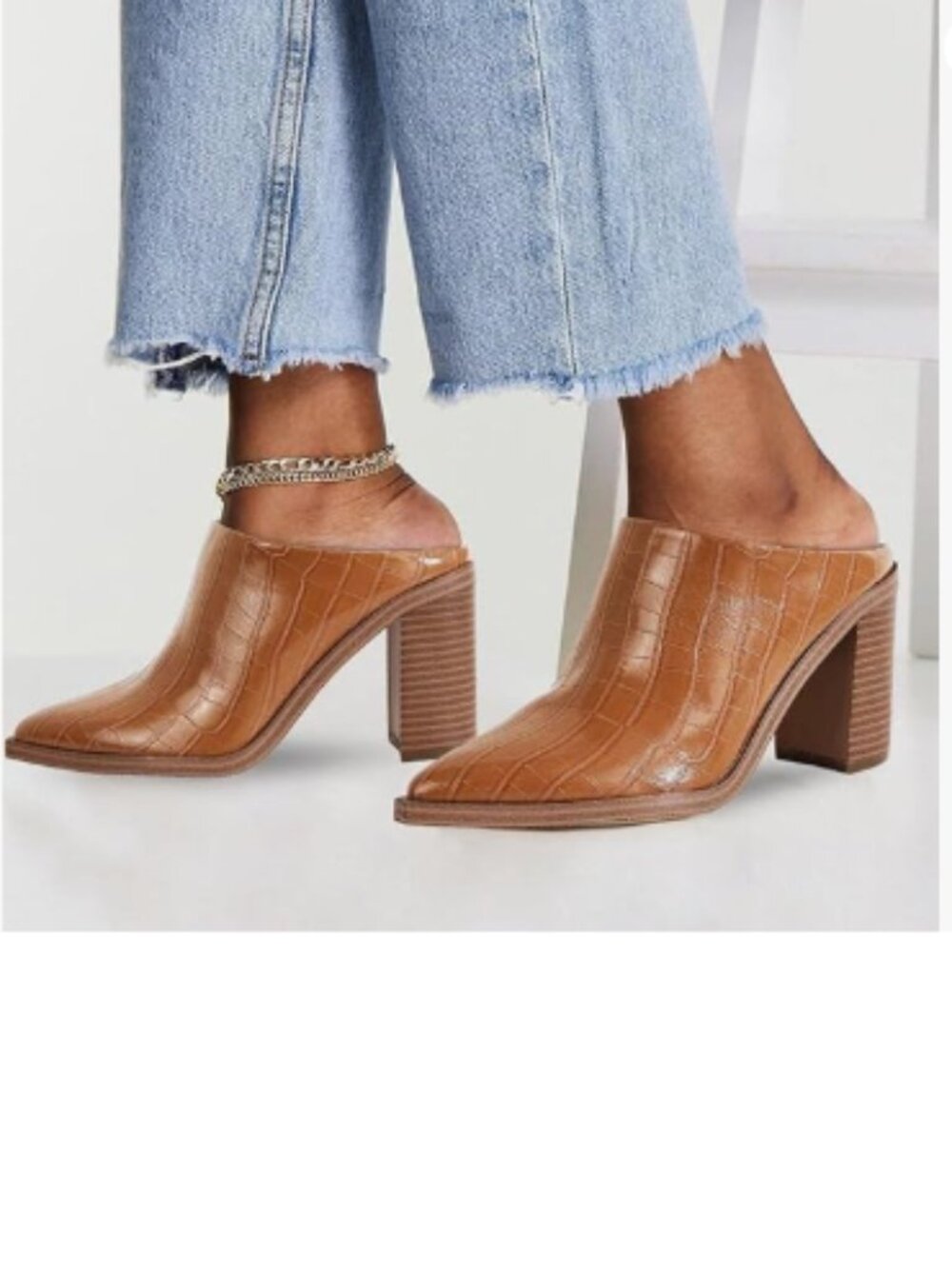 FOWT Crocodile Brown Pointed Toe Slip On Mules Stacked Block High Heel Sandal